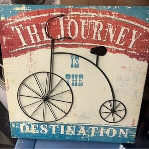 Retro Bicycle Journey Wall Art with Red and Blue Highlights